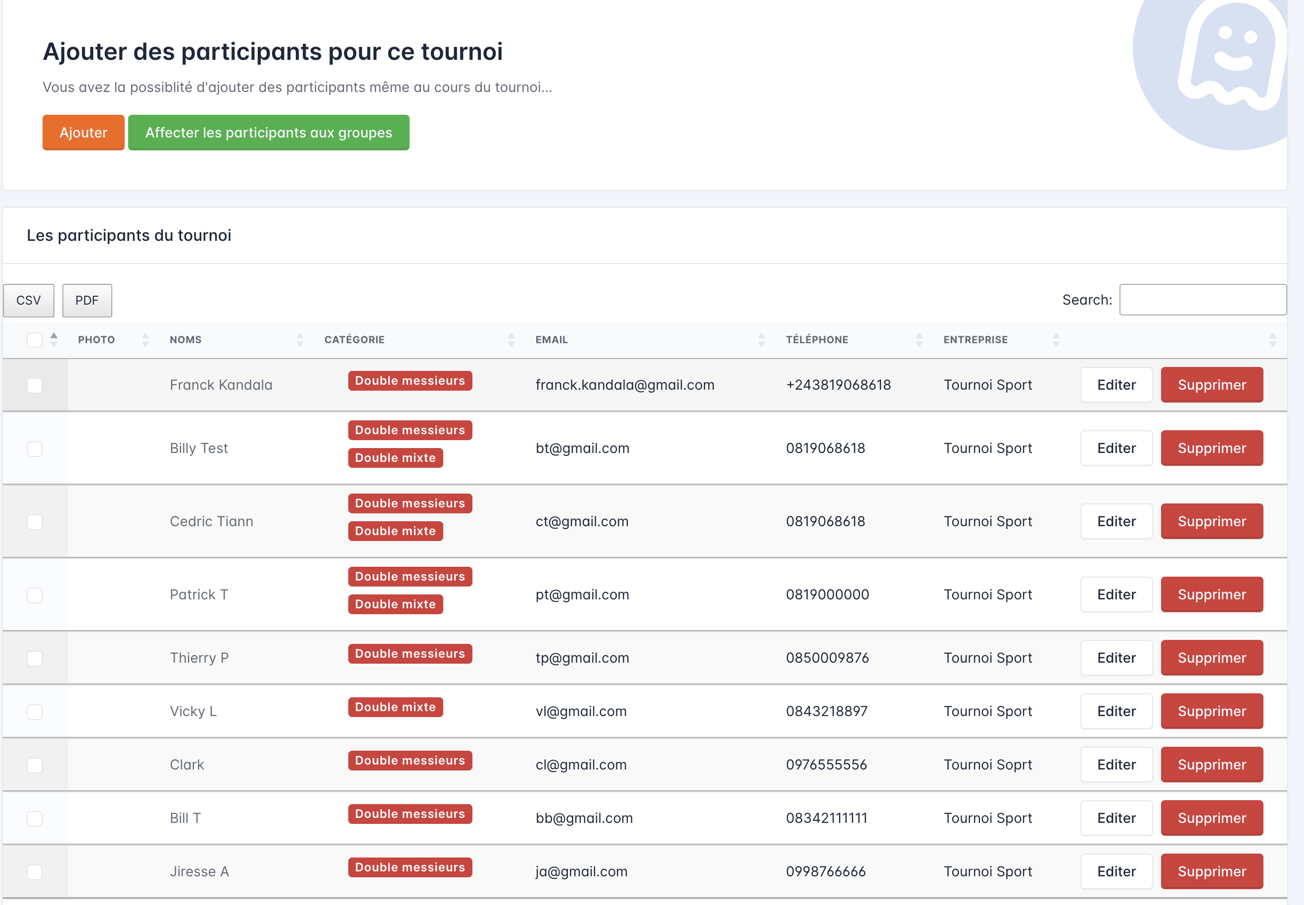 Gestion des participants